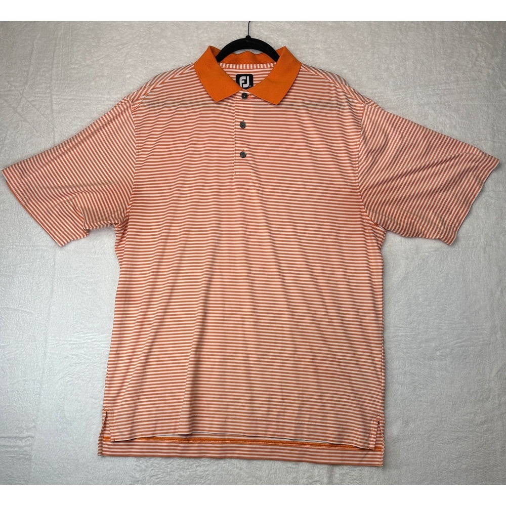 FootJoy Striped Golf Polo Shirt Mens Large Orange White Performance Short Sleeve